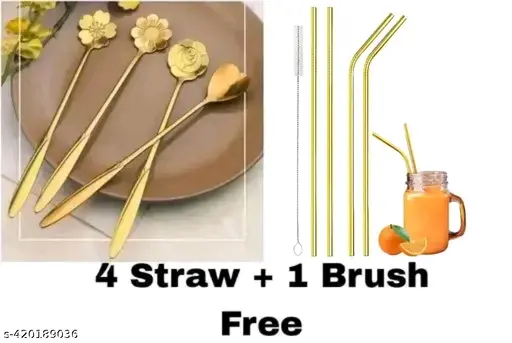 Freshhon Special combo Golden 4Designer Dessert Spoon Set with 4 Straw +1Brush