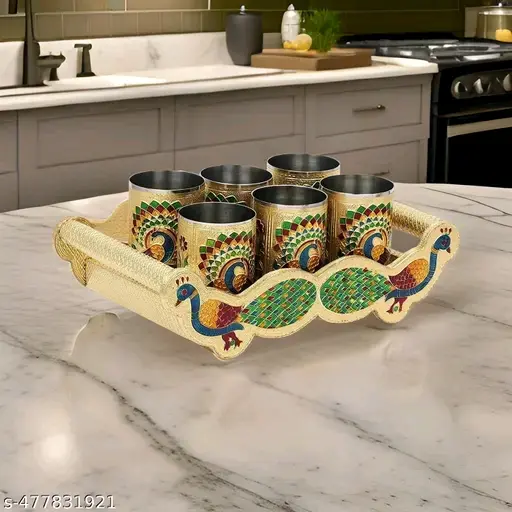 Freshhon Designer Holi & Eid Special Handicrafts Golden Glass with Serving Tray Set