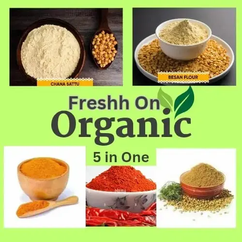 1 kg Fresh Besan + 1 Kg Fresh Maghi Chana Sattu + 200 gm Fresh Haldi Powder + 200 gm Fresh Teja Mirch Powder+ 200 gm Fresh Dhaniya Powder