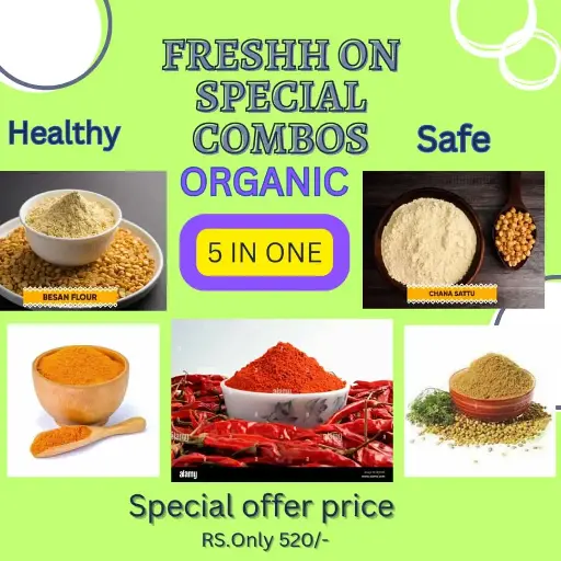 Freshhon special Organic sattu+Besan+Teja Lal Mircha Powder+Haldi Powder+Dhania powder[Each 500gm.]